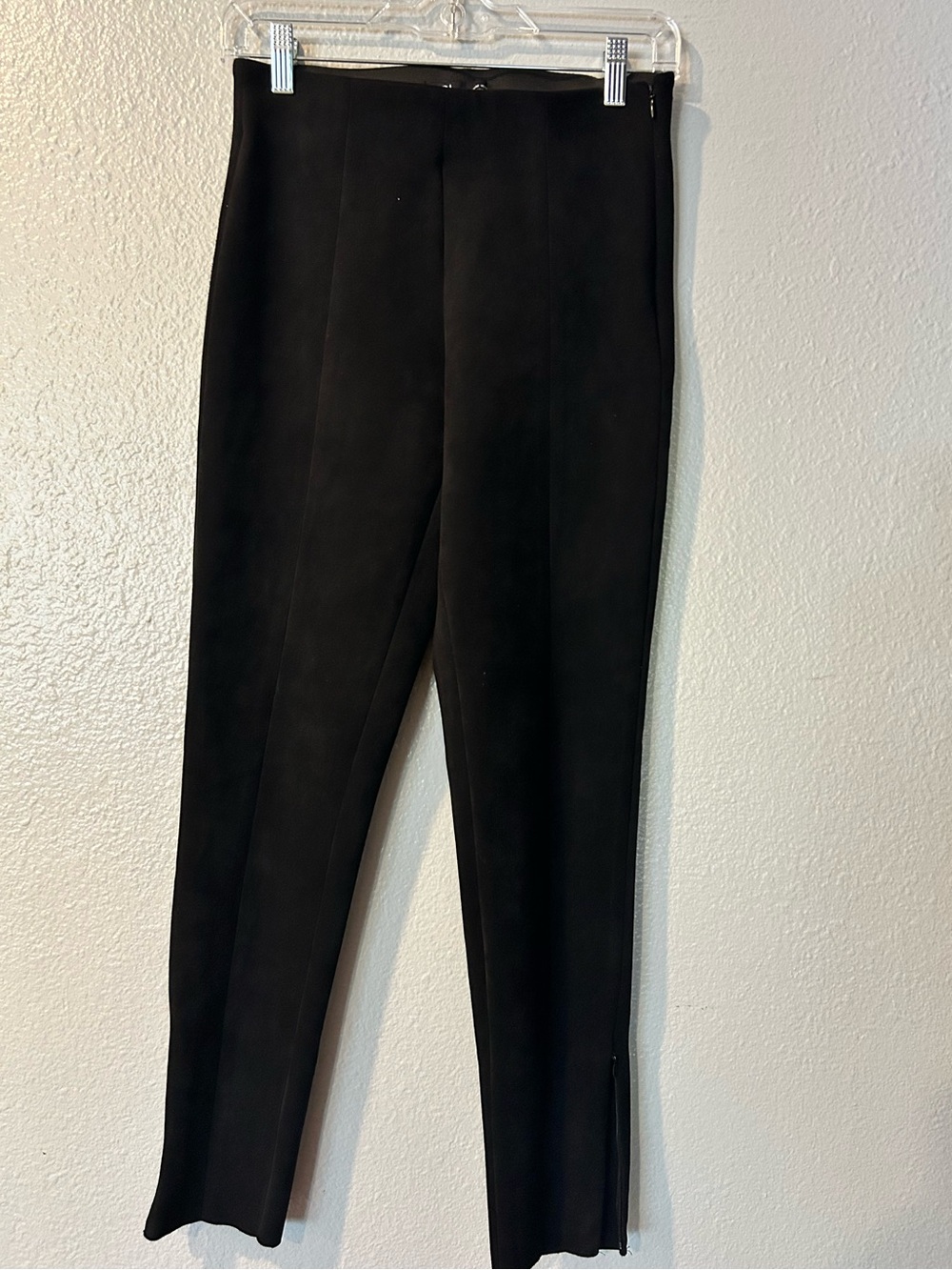 High Rise Black Faux Suede Pintuck Split Hem Trousers Size M